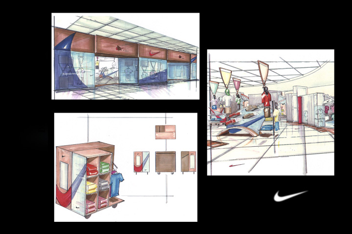 exterior shot of storefront, interior shot, retail mobile fixture (pen and marker)