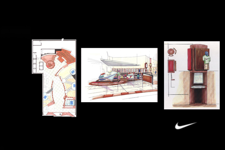 Nike Midwest Rear of Store, Interactive Kiosk, and floor plan  (pen and marker)